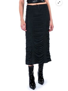 AKIRA Whimsigoth Ruched Mesh Maxi Skirt Black Witchy Goth Drawstring XL